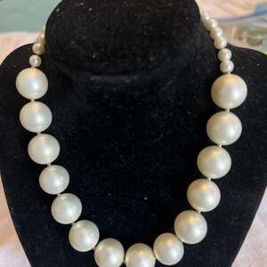Vintage Faux Pearl Necklace  Larger Size Silver Plate Clasp 16”